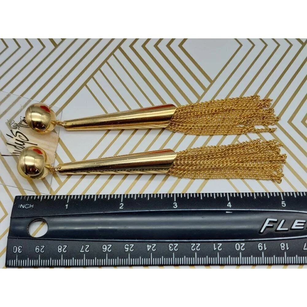Brand New Tassel Chain Earrings Gold Tone Judy's Super Long Dangle Statement 5